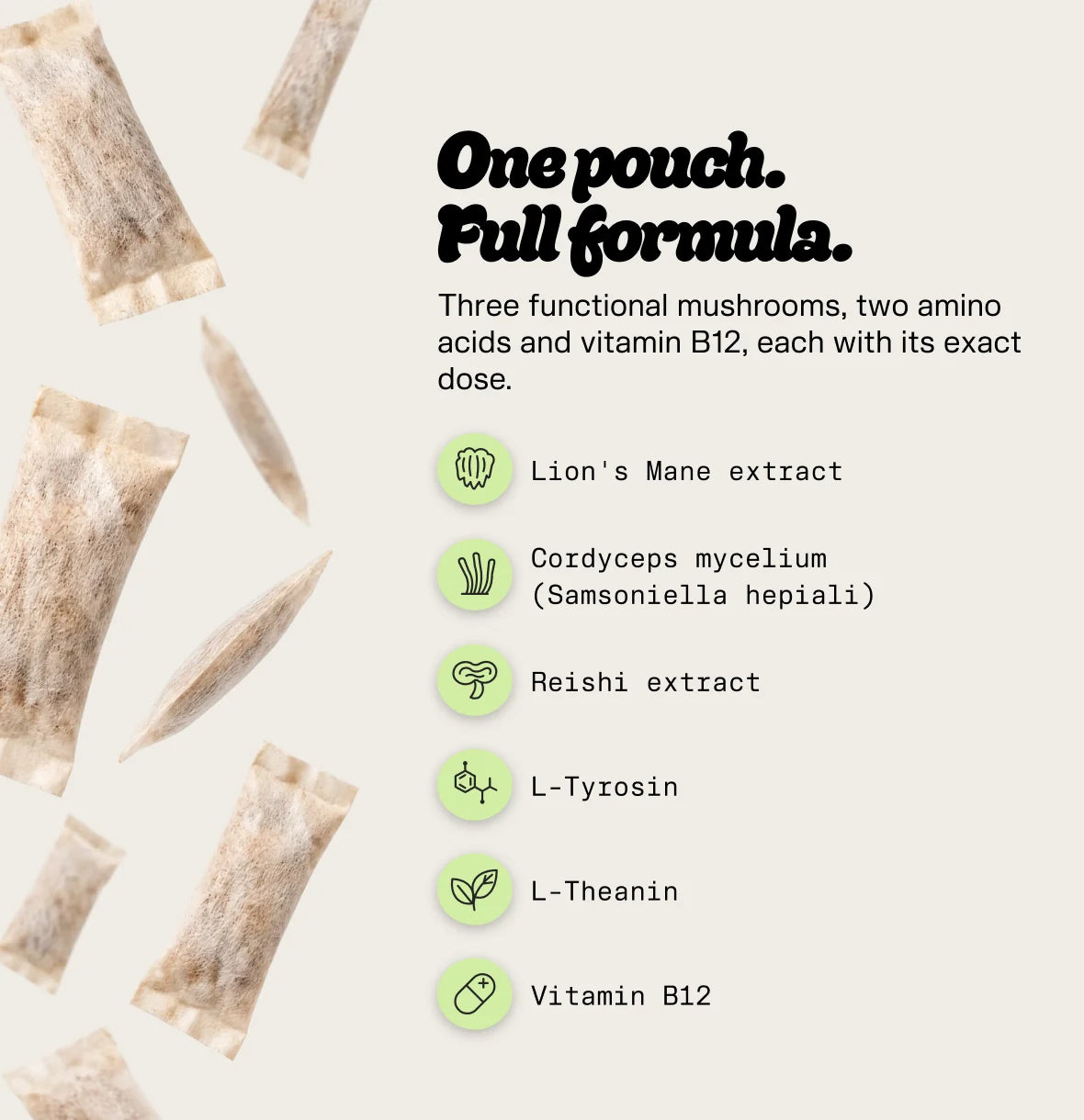 Jedno vrecúško, kompletné zloženie: Lion’s Mane, Cordyceps, Reishi, L-tyrozín, L-theanín, vitamín B12
